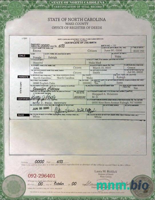 USA North Carolina narodziny cert